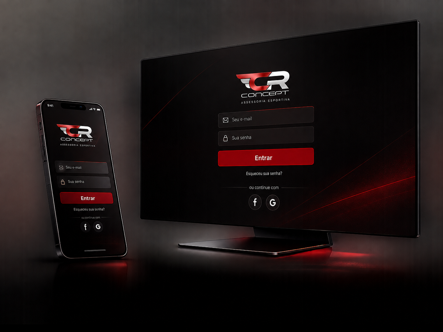CR Coaching em smartphone e desktop com tela de login